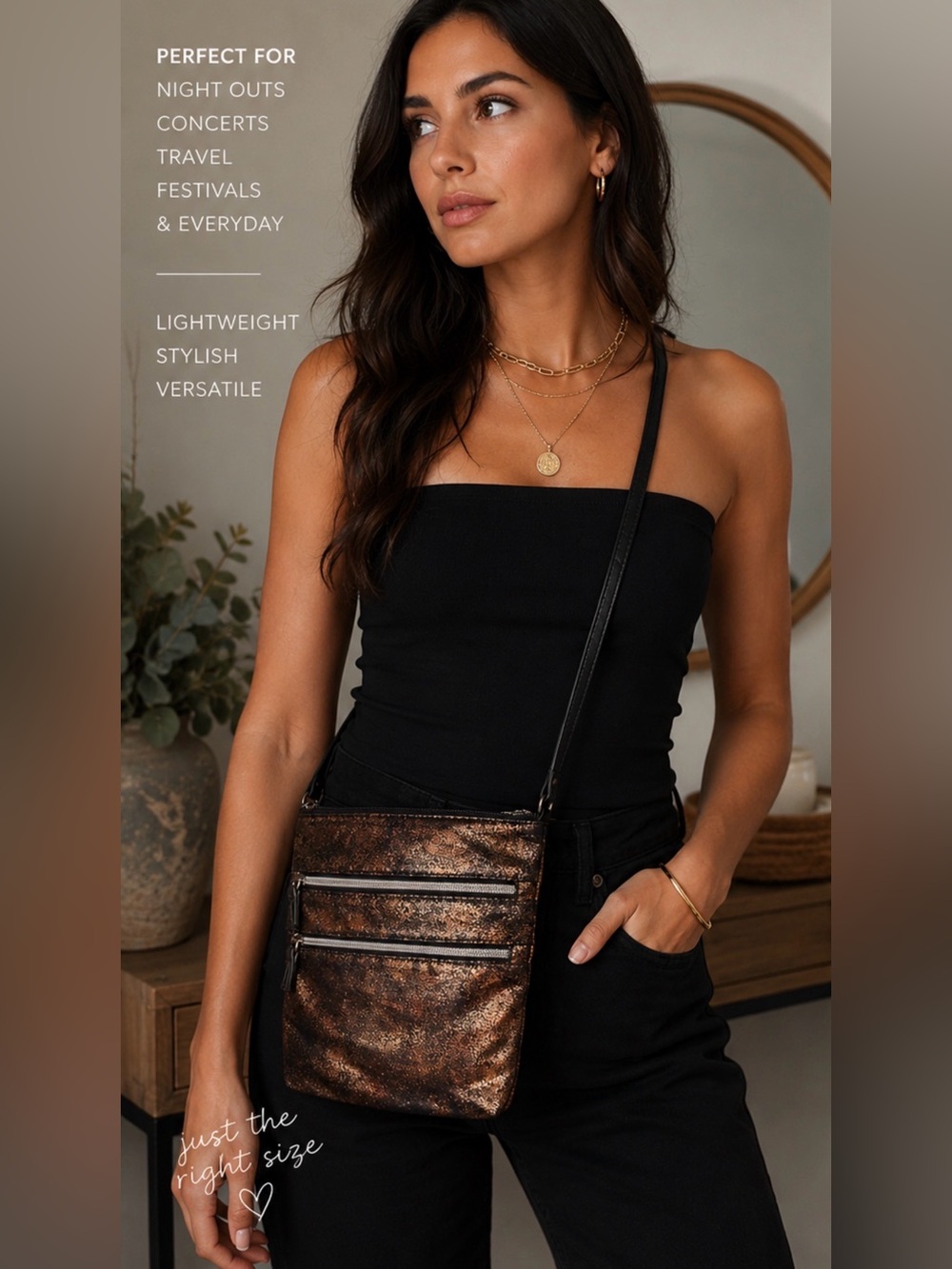 Bronze Metallic Crossbody Festival Bag | Lightweight Triple Zip Travel Purse Y2K